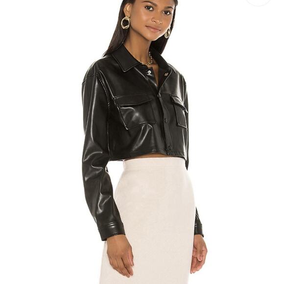 Revolve L’Academie Fearless Cropped Black Leather Shirt Jacket Sz XS - Picture 3 of 13